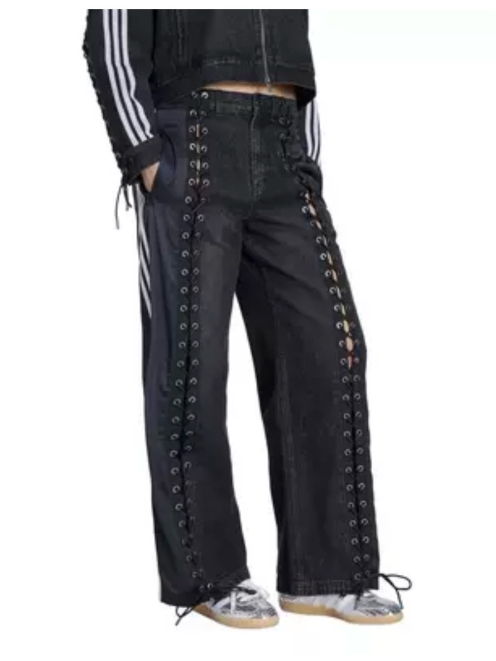 adidas Originals Women's Denim Lacing Track Pants Black Lace-Up Wide Leg Women's